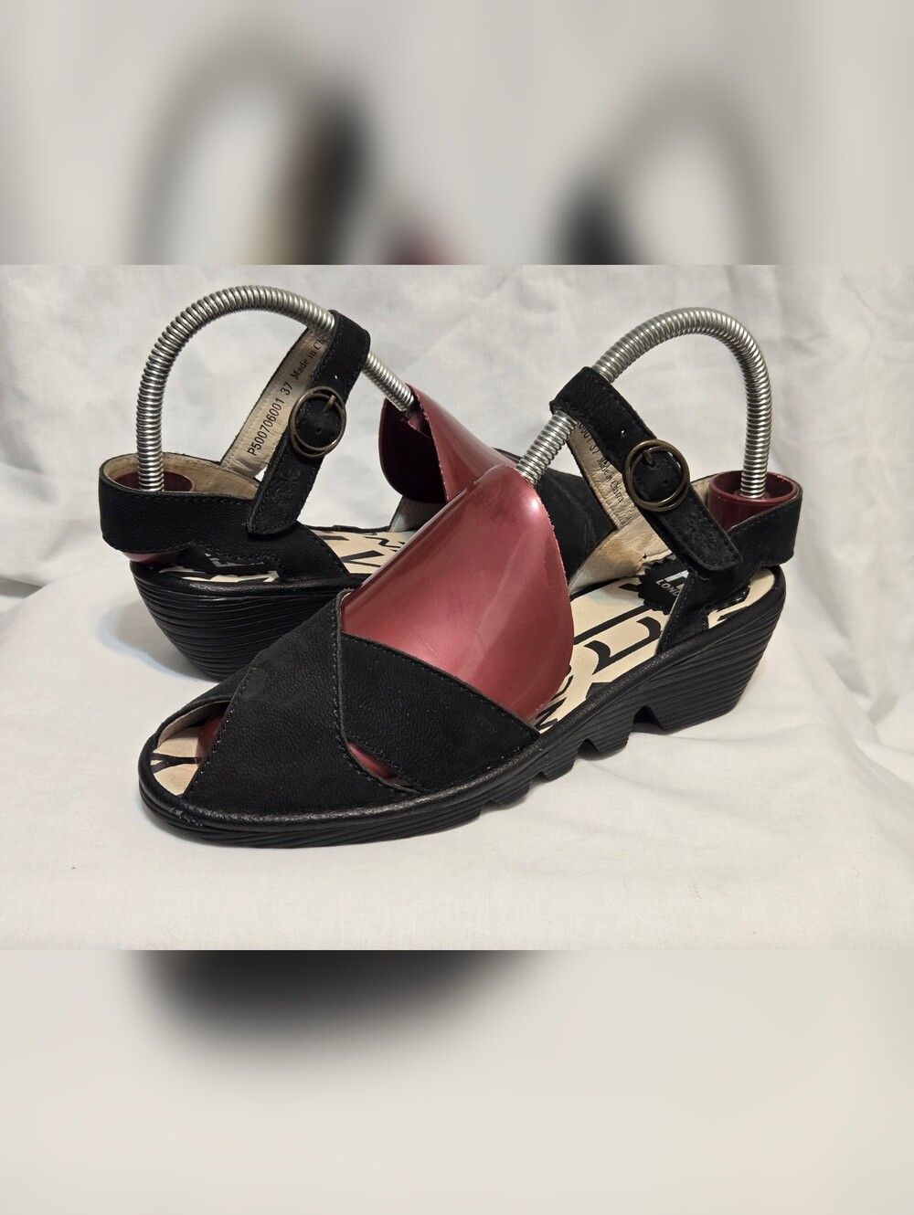 FLY London Wedge Shoes Open Toe Sandals Black Sz 37ankle strap 6.5-7